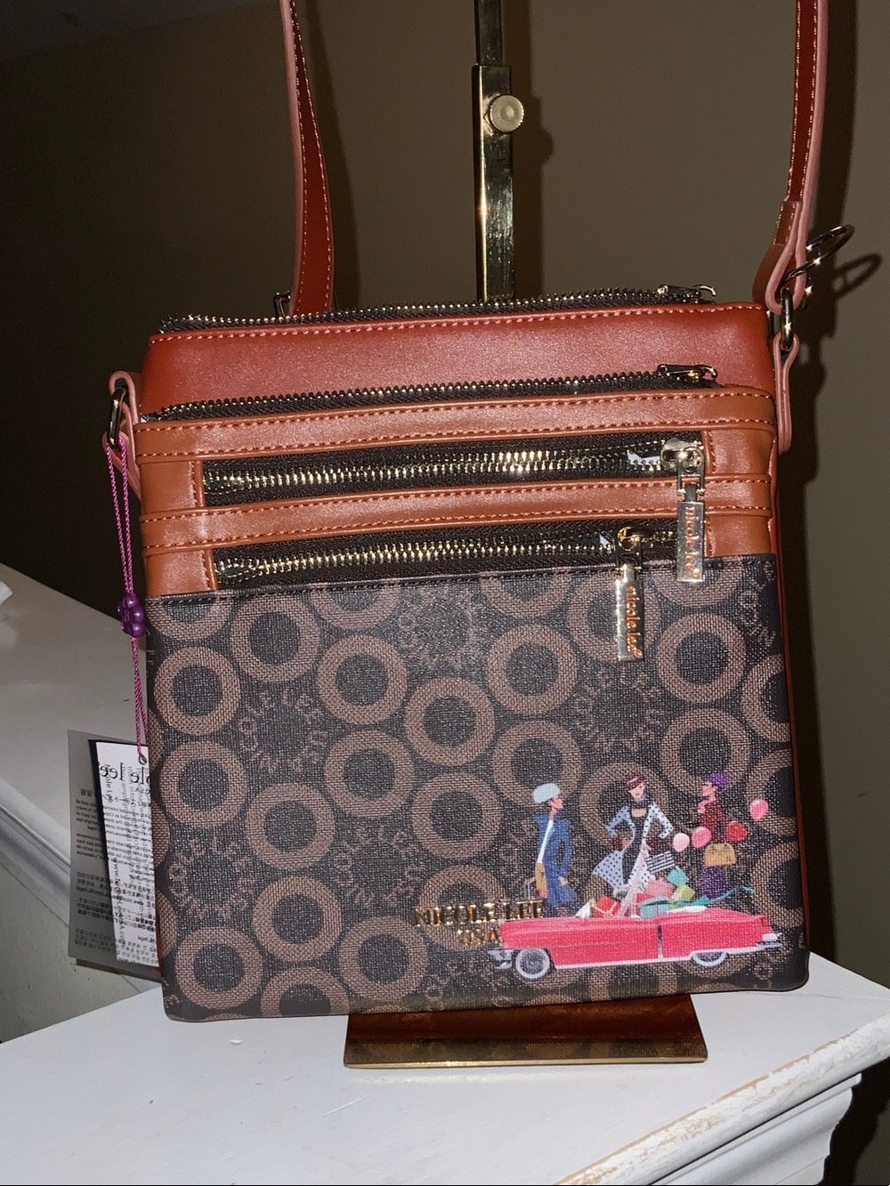 Nicole Lee Brown and Tan Patterned Crossbody with Retro Car Graphic